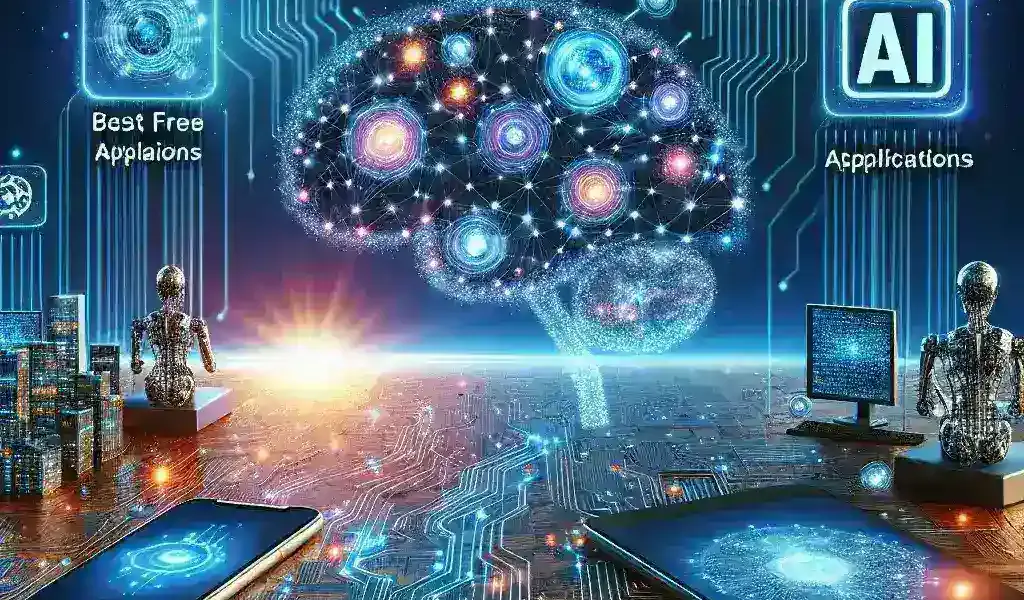 "Collage of the best free AI applications for 2024, showcasing icons and screenshots of innovative tools that enhance digital experiences."