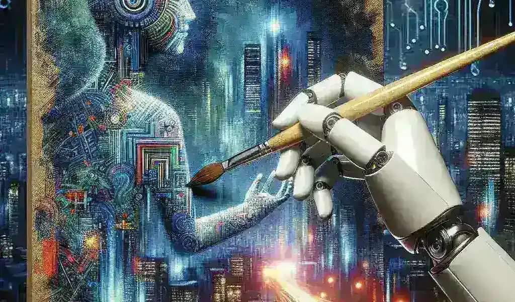 "Abstract digital artwork created using AI technology, showcasing vibrant colors and innovative shapes, illustrating the future of artistic image generation in digital art."